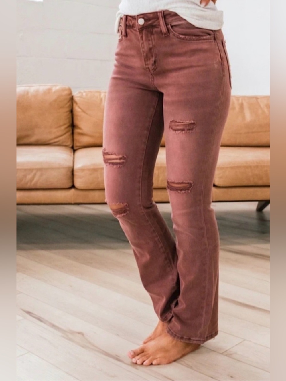 Women's Distressed High-Rise Jeans - Rose Brown